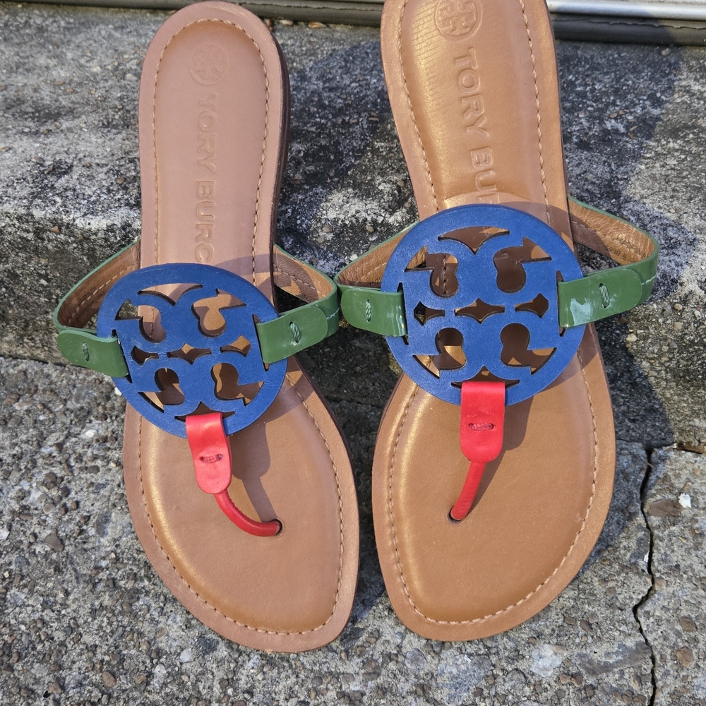 Tory Burch Brown Sandals with Blue and Green Accents - Picture 6 of 7